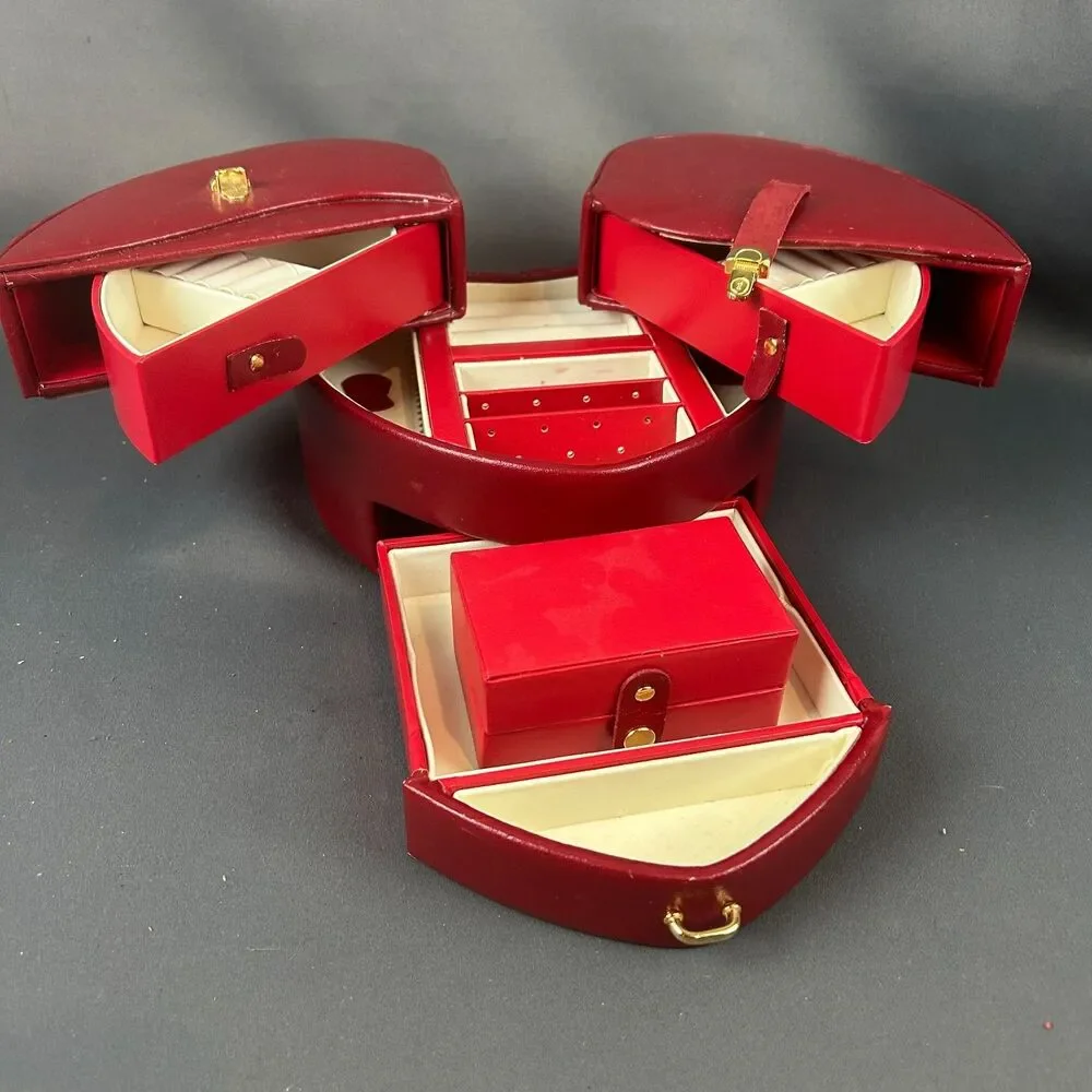 Vintage Wolf Designs Red Leather Heart Shape Jewelry Box Swing Out Design